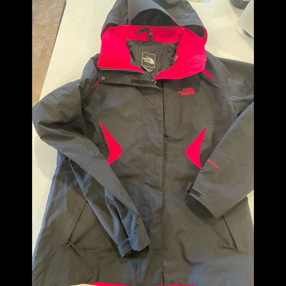 The North face womens black and hot pink Hyvent jacket